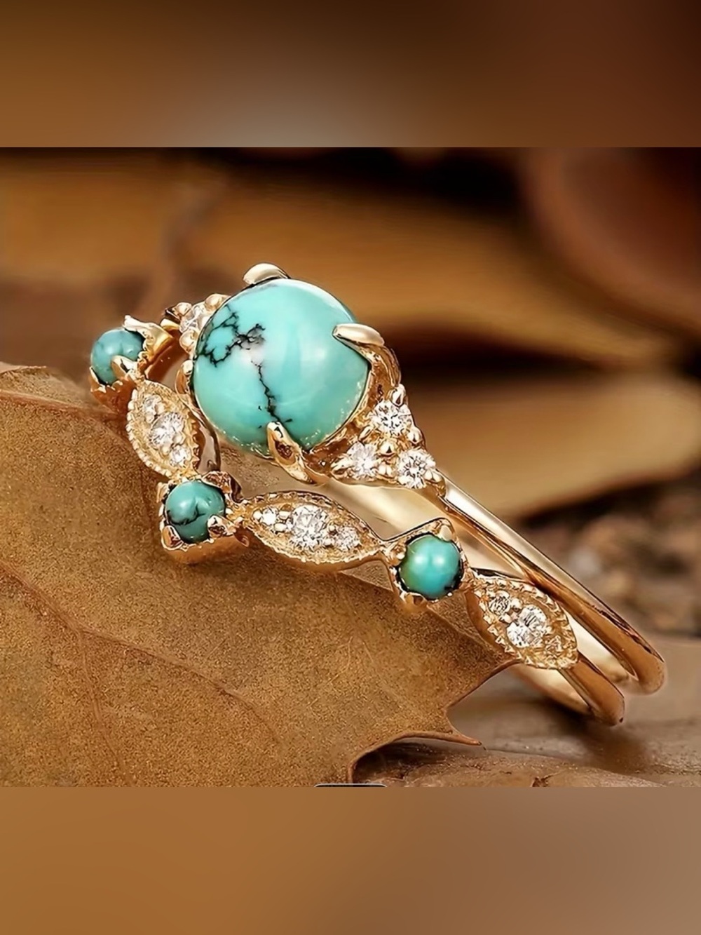 Gold Turquoise Halo Ring - Elegant Women Jewelry